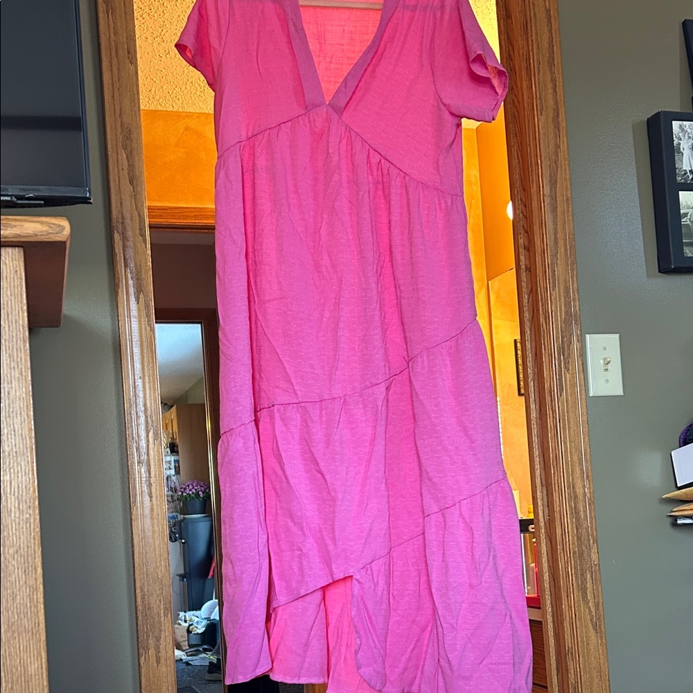 Pink V-Neck Tiered Dress